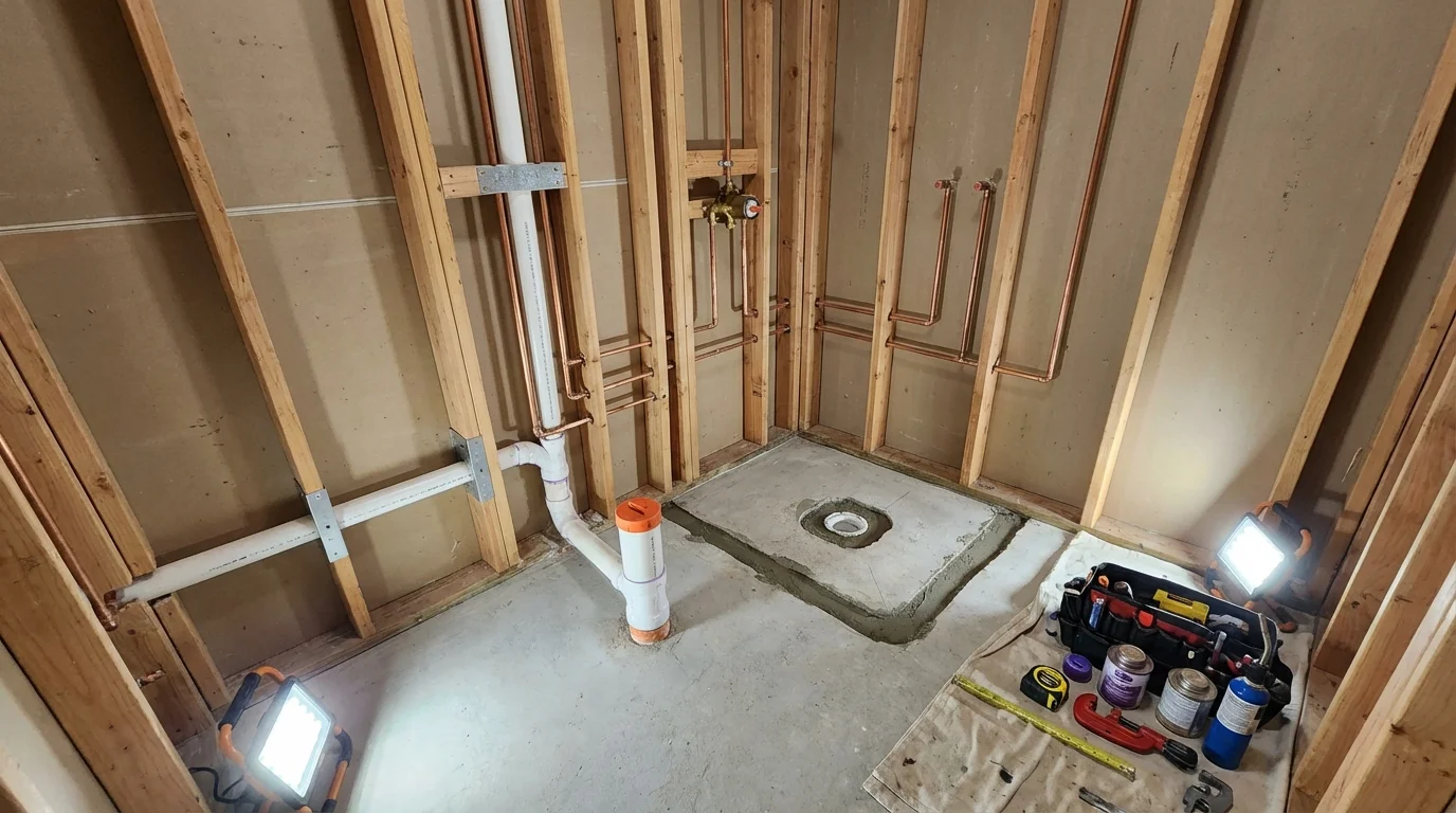 Bathroom rough-in plumbing during remodel by Johns Plumbing LLC in Hartshorne