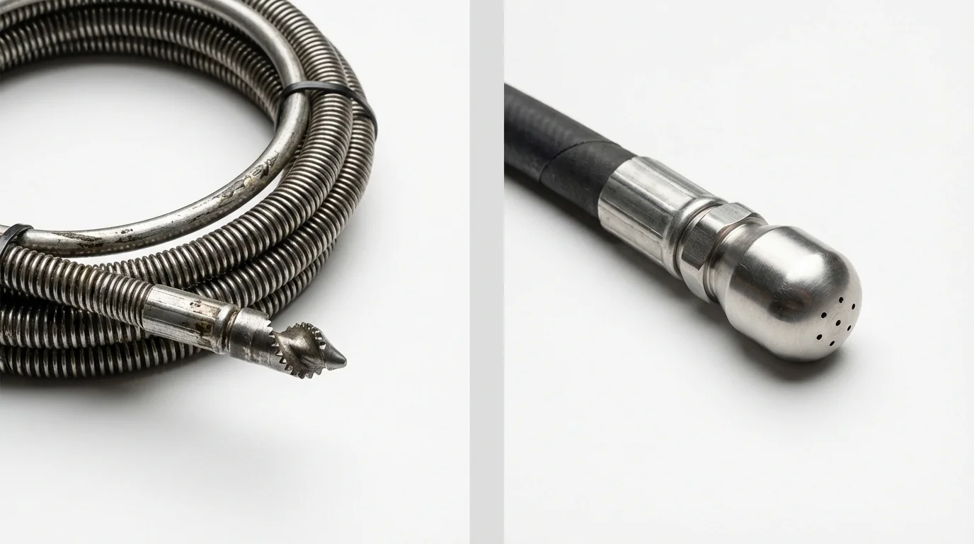 Drain snake cable and hydro jetting nozzle used for drain cleaning in Hartshorne, OK