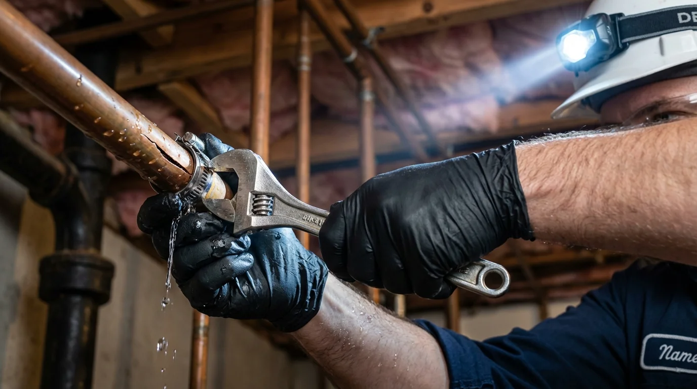 Emergency pipe clamp repair being performed by a Johns Plumbing LLC plumber in Hartshorne