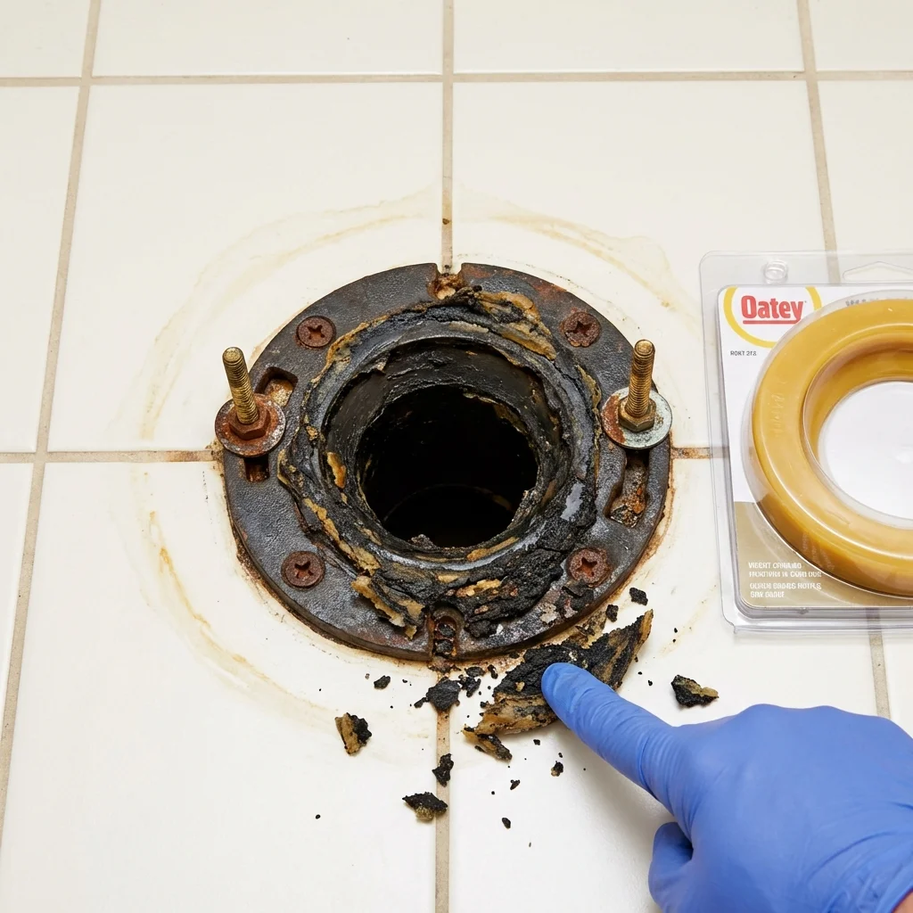 Failed wax ring showing water seepage at the base of a toilet in a Hartshorne, OK home
