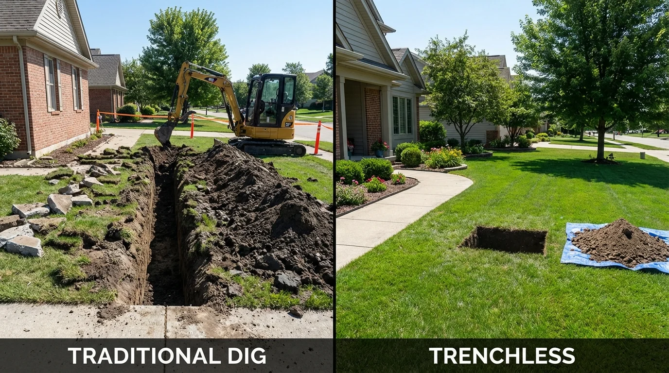 Trenchless sewer repair with minimal yard damage versus traditional excavation in Hartshorne, OK