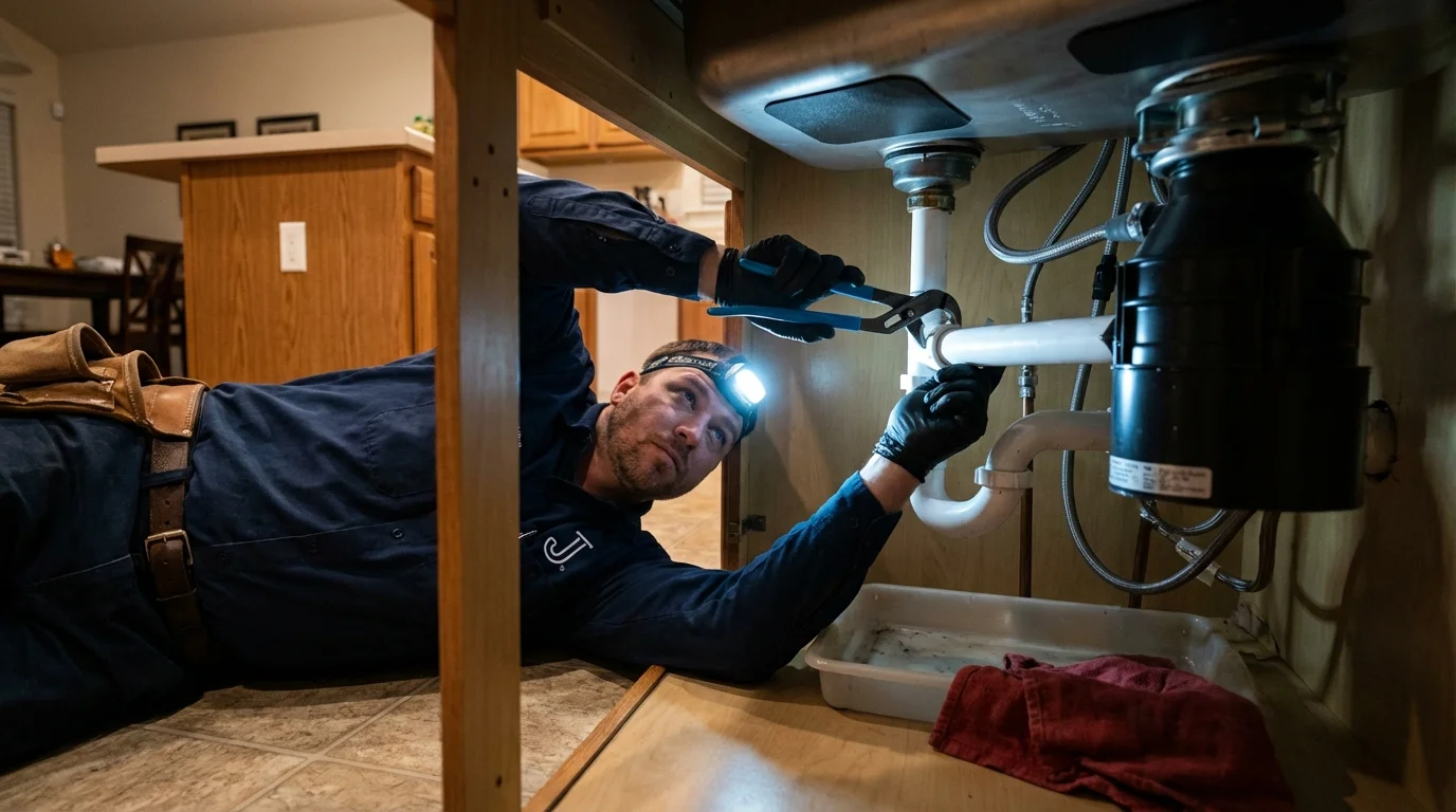 P-trap and supply line connections under a kitchen sink showing a common leak point in Hartshorne, OK